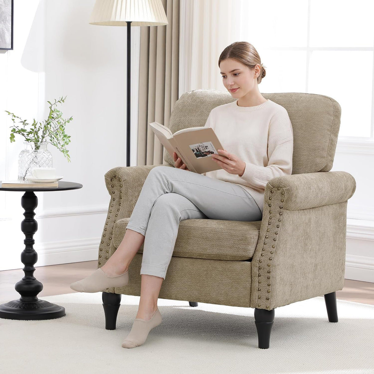 Accent Chair for Living Room, Modern Mid Century Reading Chair Armchair High Back Upholstered Armchair with Wooden Legs for Living Room Bedroom Office (Brown, 2pcs)