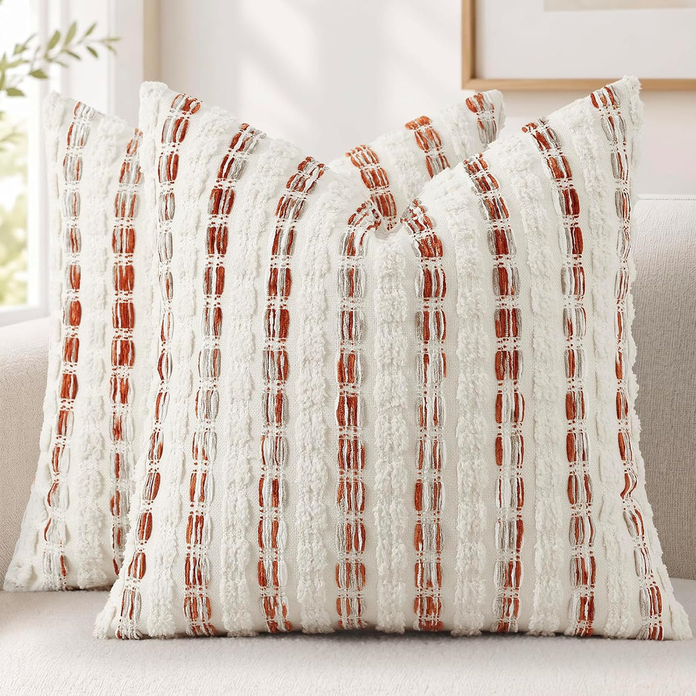 decorUhome Chenille Tufted Stripe Throw Pillow Covers 22x22 Set of 2 Orange