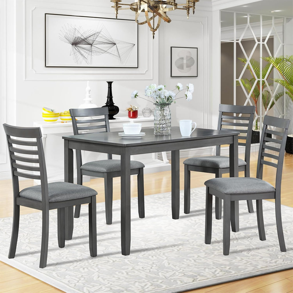 RuiSiSi 5 Piece Dining Table Set for 4, Farmhouse Rectangular Kitchen Table with 4 Padded Chairs, Rustic 5 Piece Dinette Table Set for Living Room, Gray