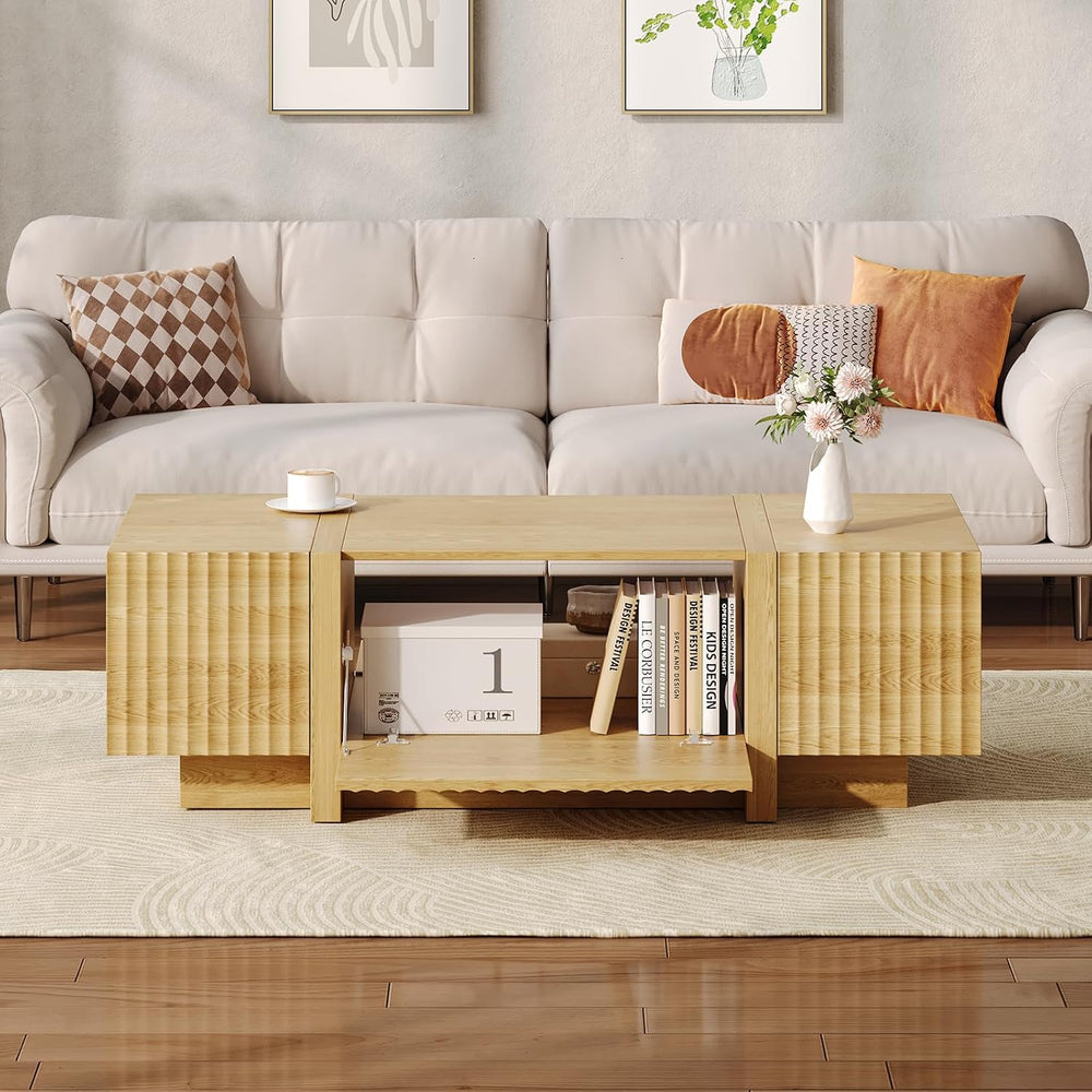 Fluted TV Stand and Coffee Table Set of 2, Rectangular, Natural