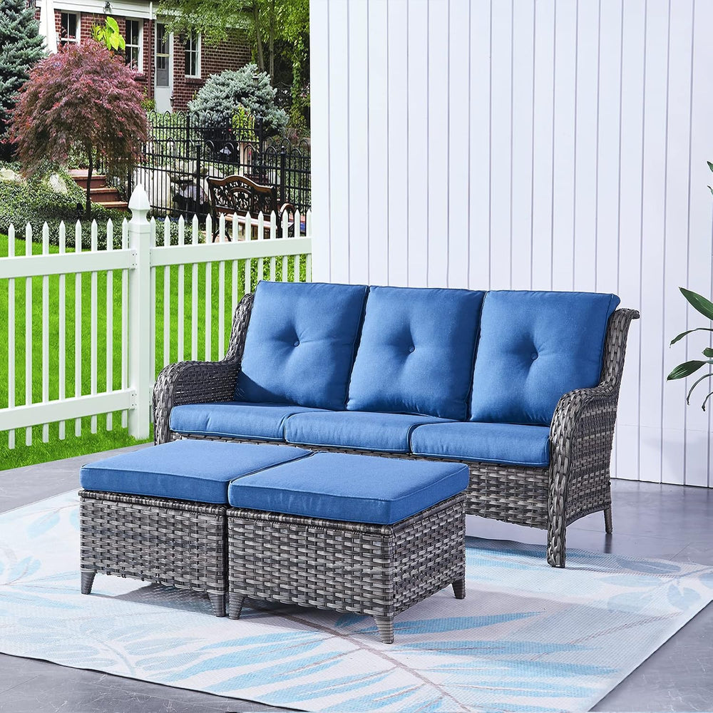 HUMMUH 5 Piece Wicker Patio Set, Sofa & Swivel Rockers, Grey/Blue