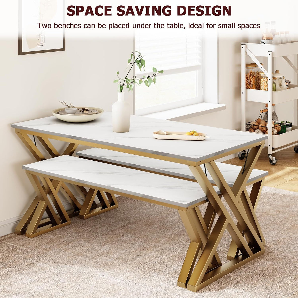 garveehome kitchen table with 2 benches, dining table, close-up detail