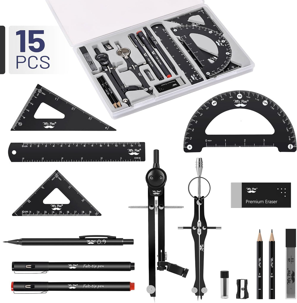 Mr. Pen- Professional Geometry Set, 15 pcs, Drafting Tools with Protractor