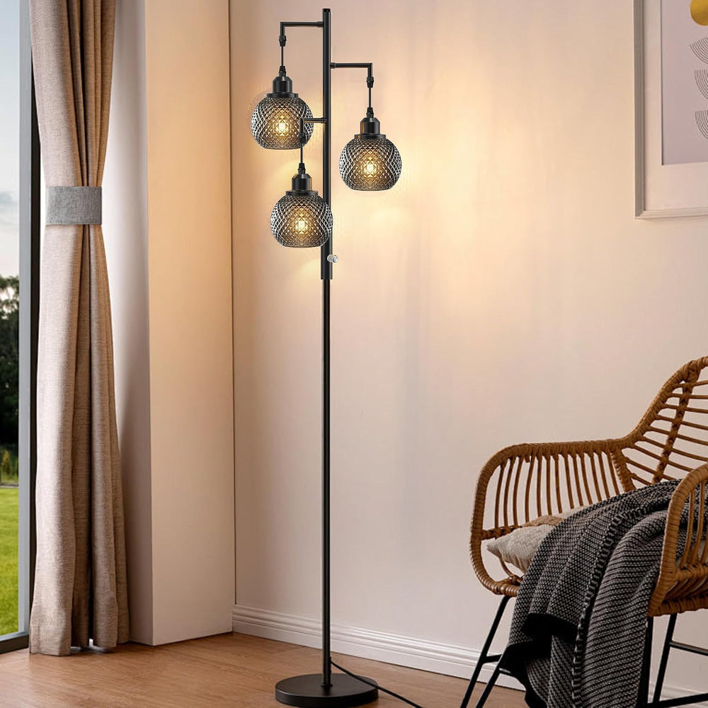 QiMH Modern Glass Floor Lamps for Living Room, 3 Lights Standing Lamp, Grey