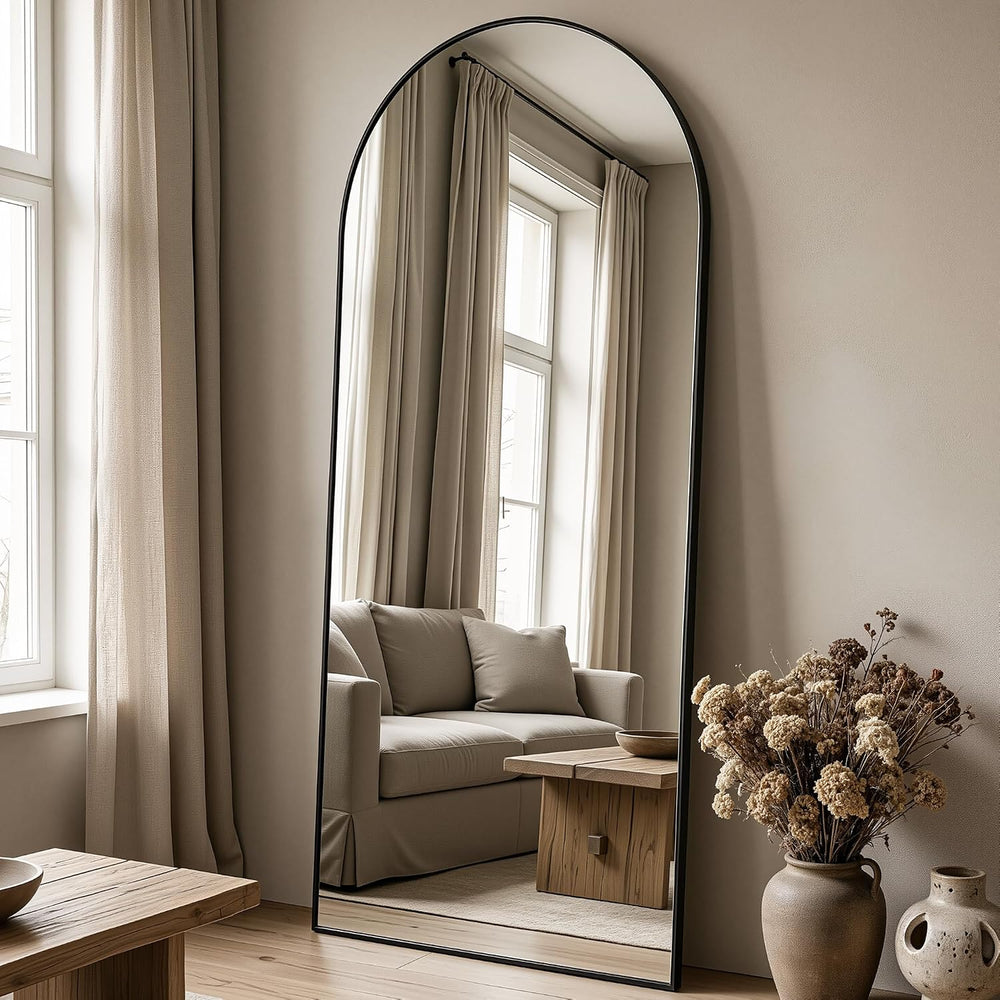Antok 58" x 20" Arched Full Length Floor Mirror, Aluminum Frame, Black