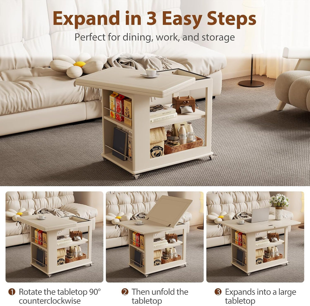 Expandable Coffee Table with Hidden Storage and Wheels,White