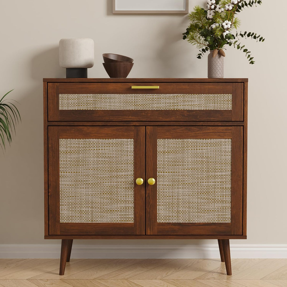 Furnify Rattan Sideboard Buffet, Boho Kitchen Cabinet with Drawer & 2 Doors, Modern Mid Century Accent Cabinet with Adjustable Shelf, Coffee Bar for Living Room, Entryway, Kitchen, Walnut