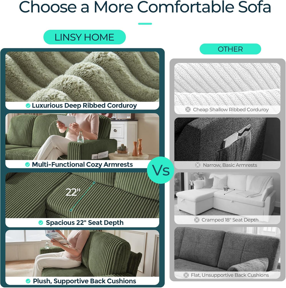 LINSY HOME Sectional Couch with Pull Out Bed, 81" 3 Seat Sleeper Sofa Green