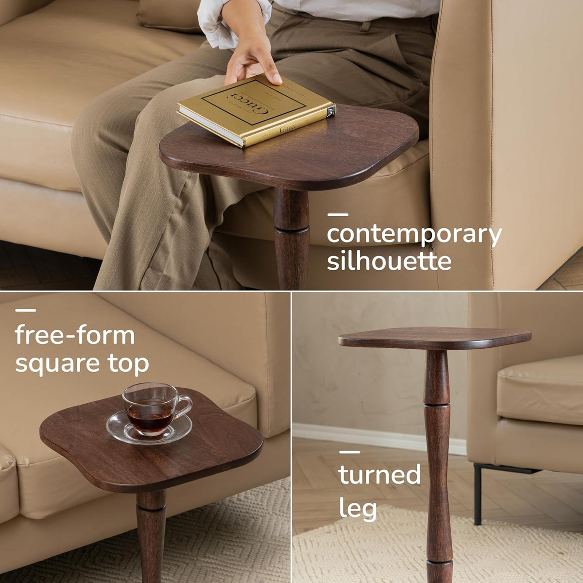 MH London Destiny Drink Table - 22" High Solid Mango Wood Pedestal Side Table - Minimalist Handmade Espresso Accent Table for Small Spaces
