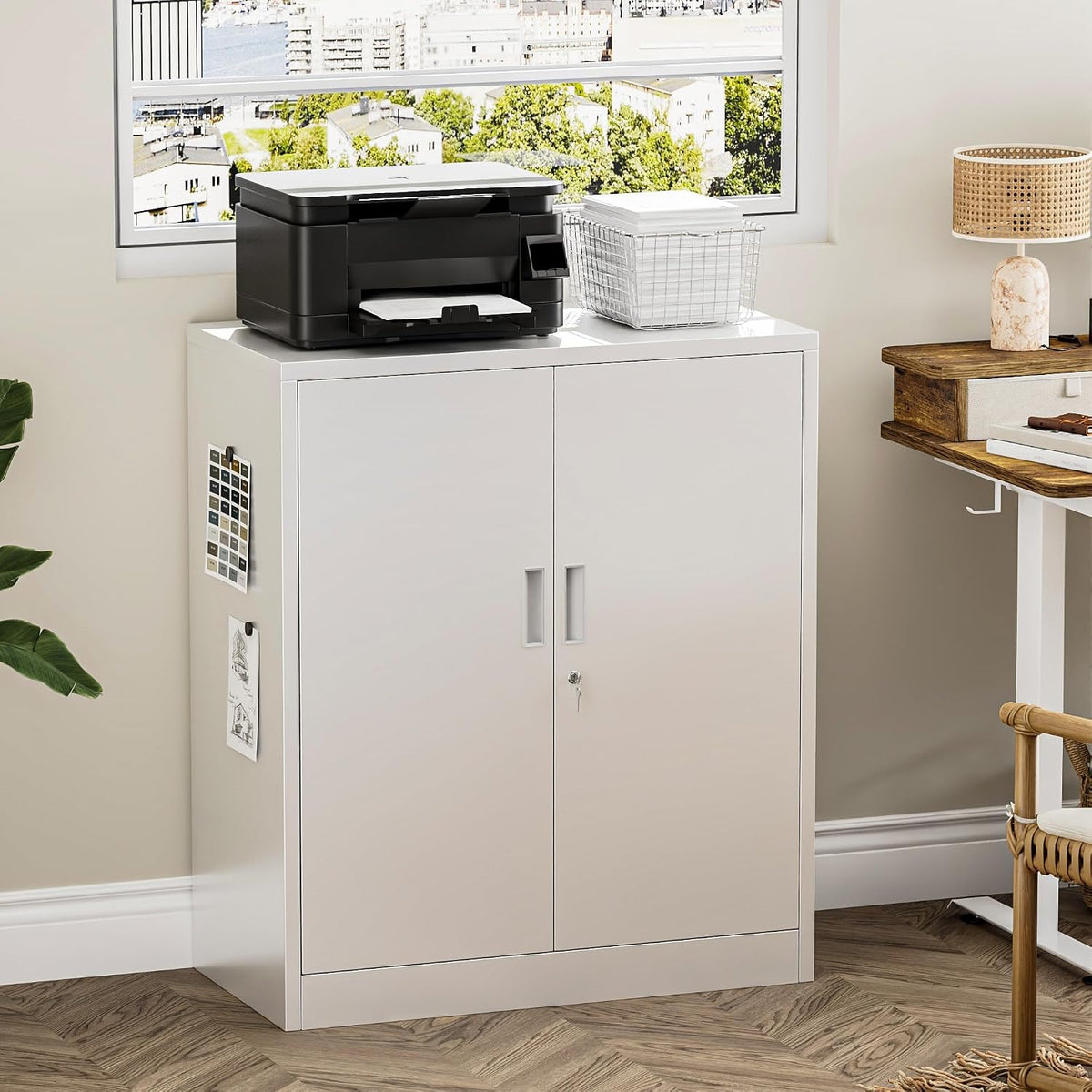 Metal Storage Cabinets，36" H White Metal Cabinet with Doors and 2 Adjustable Shelves, Lockable Storage Cabinets for Office, Home, Garage, Warehouse