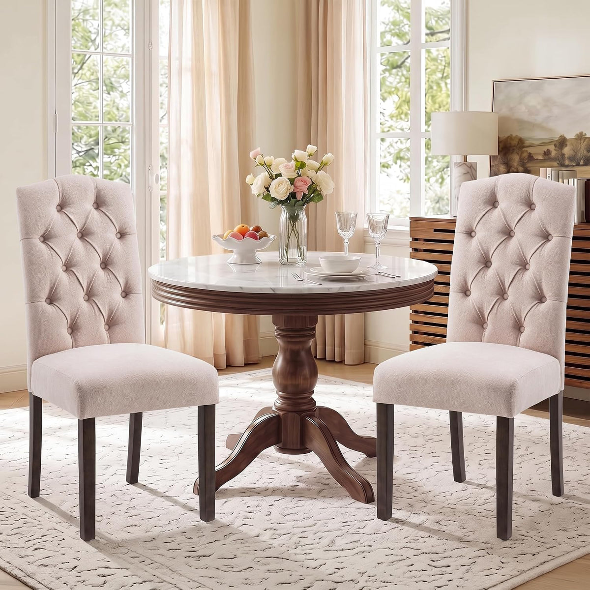Tufted Dining Chair Fabric Button Upholstered Modern Kitchen Diner Set of 2
