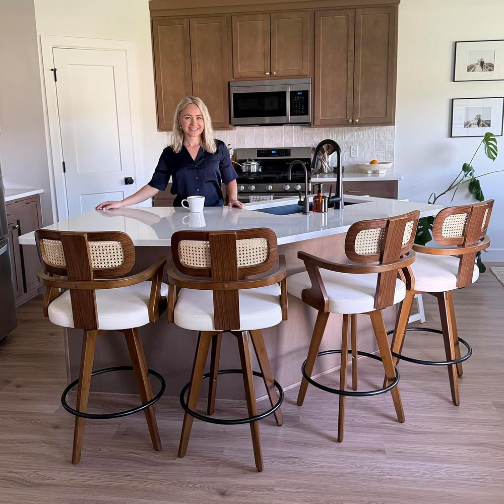 Mid Century Bar Stools, 27 inch Rattan Swivel Counter Stools with Back