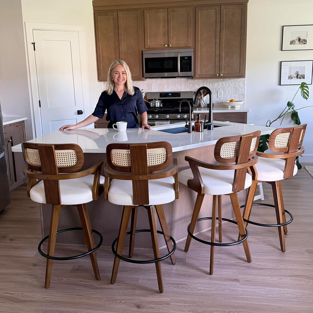 Rattan Bar Stools, 30 inch Mid Century Walnut Bar Stools with Curved Back