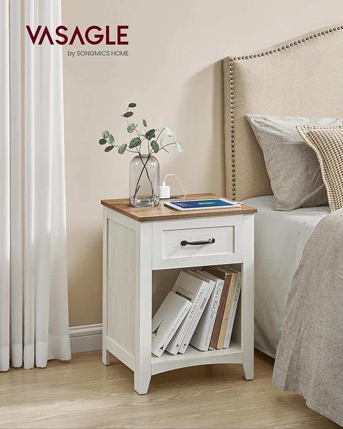 VASAGLE LIRY Collection - Farmhouse Nightstand with Charging Station, Bedside Table, Side Table with Drawer, Open Compartment, for Bedroom, Rustic White and Honey Brown ULET659K41