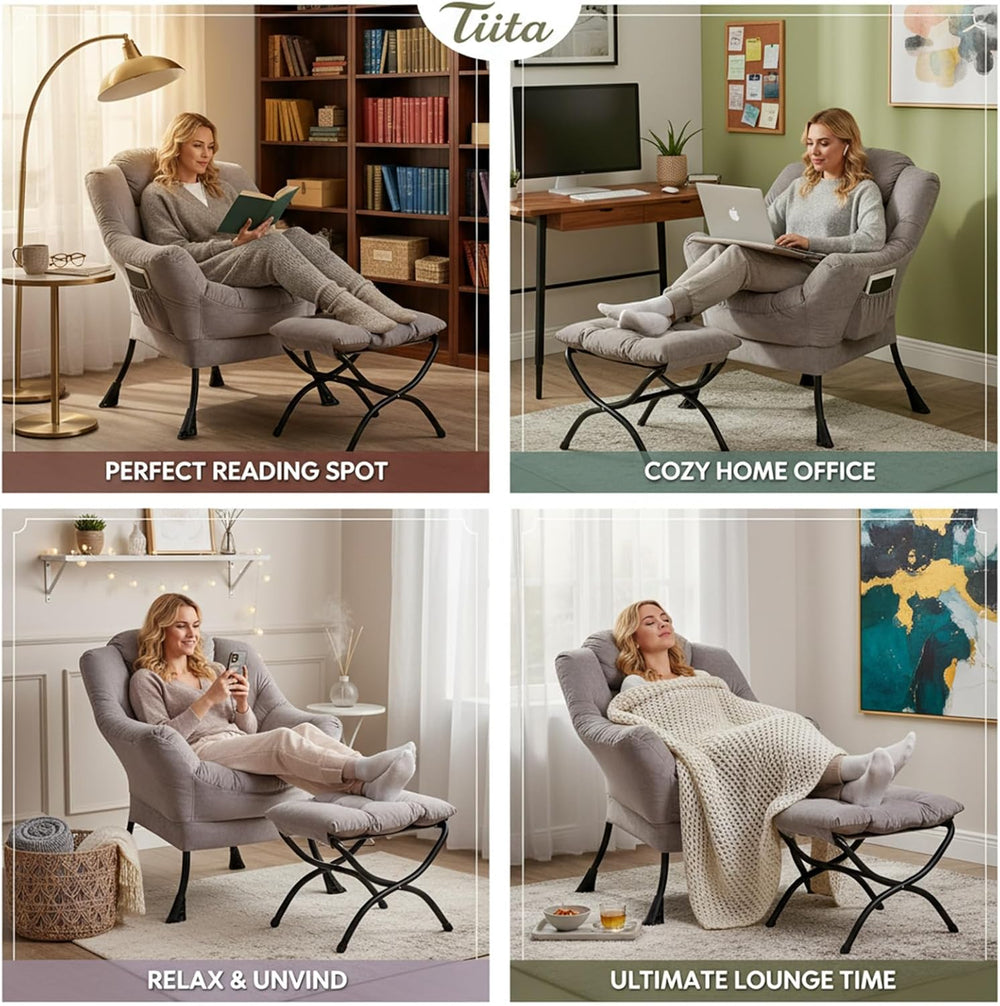 Tiita Modern Lazy Chair with Ottoman, Large Accent Armchair, Leisure Sofa Arm...
