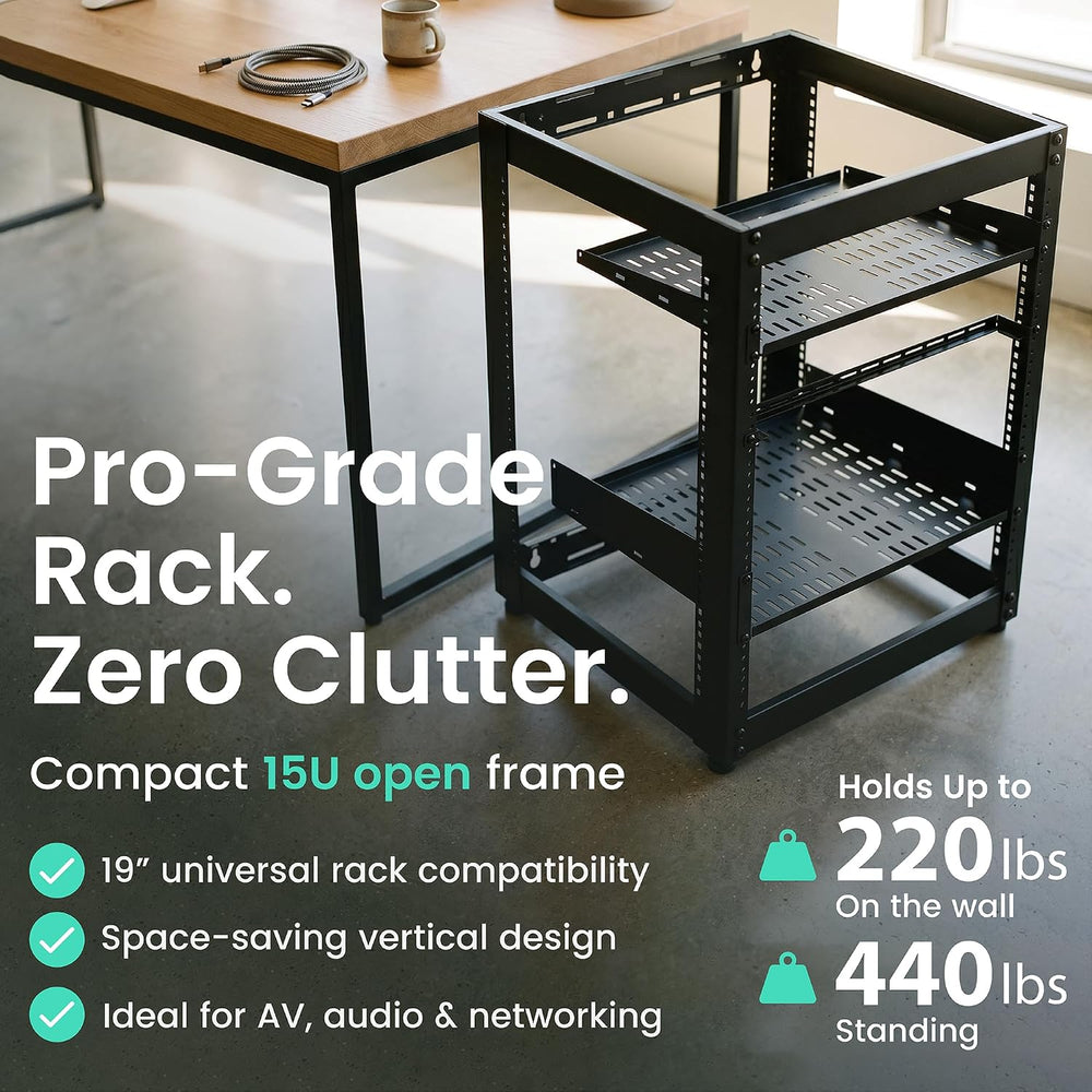 ynVISION.DESIGN 15U Open Frame AV Rack with 1U and 2U Shelves, Lacer Bar