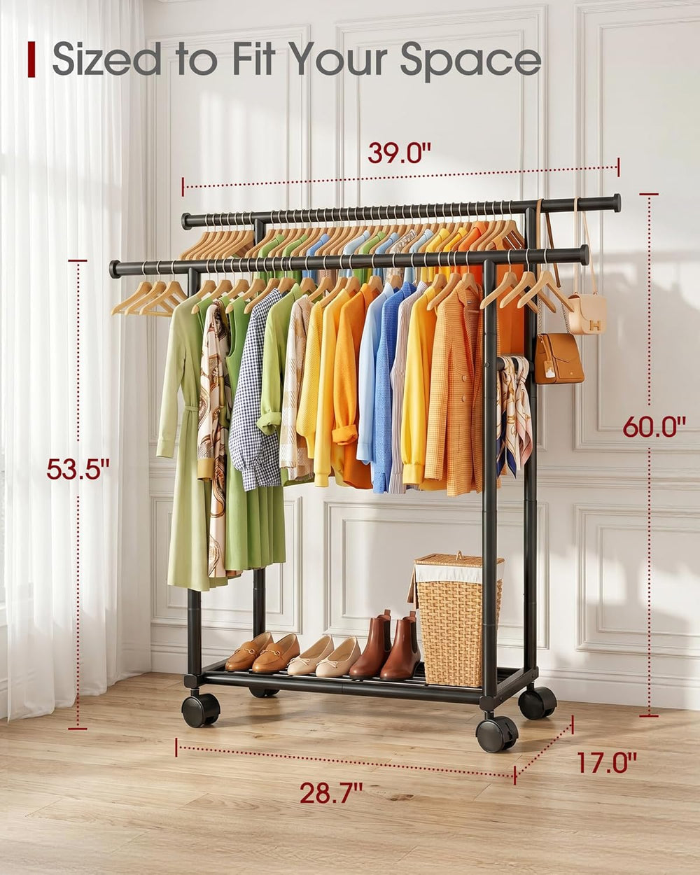 Sakugi Rolling Double Rod Clothes Rack with Shelf, 39" x 17" x 60&q...