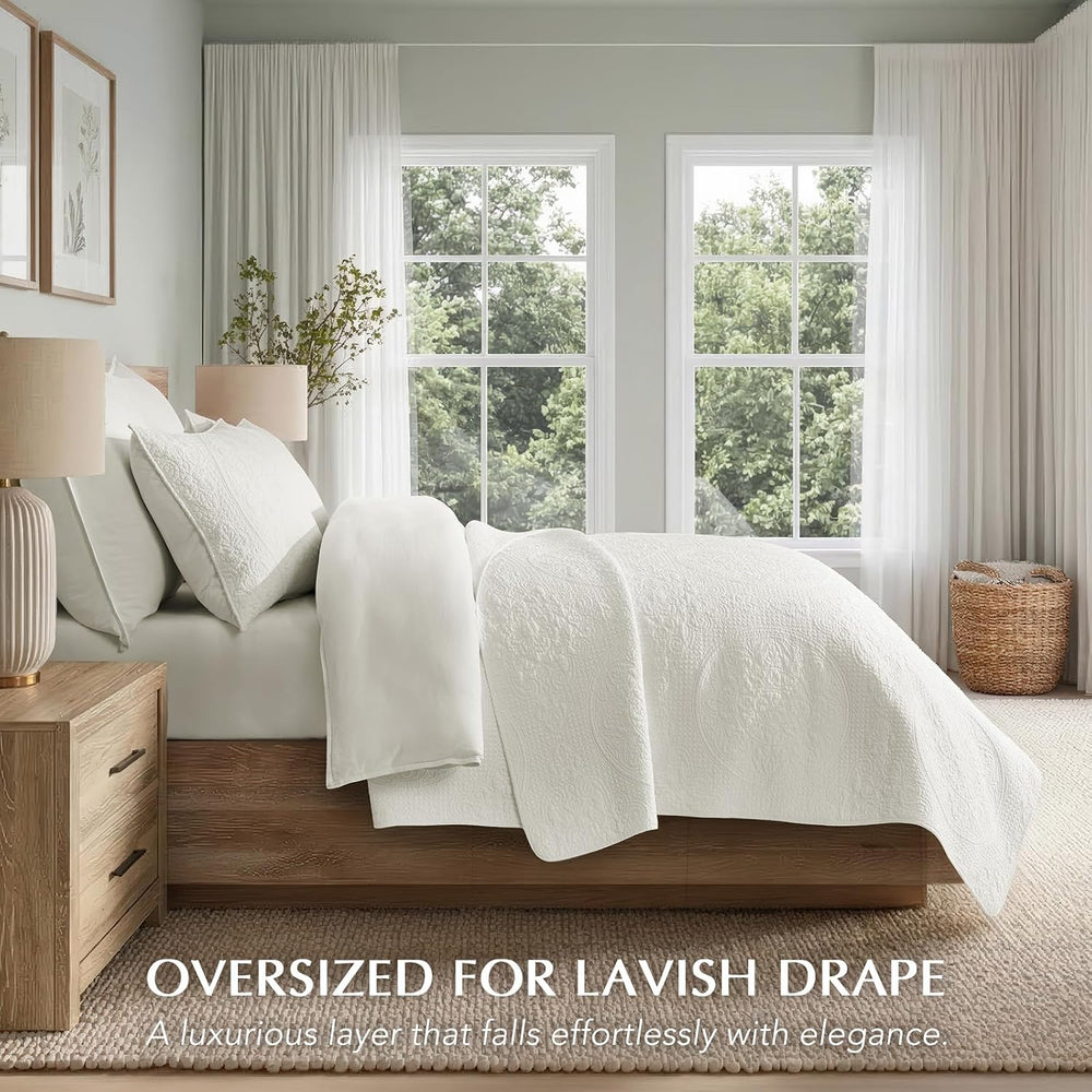 EverGrace 100% Cotton Medallion Stitch Quilt Set, King Size, Bright White