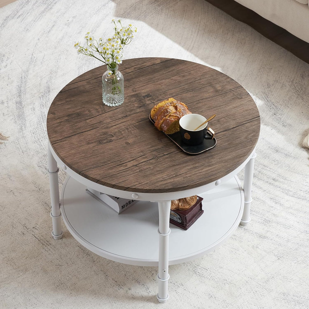VINGLI 25.6" Round Farmhouse Coffee Table with Storage, Dark Walnut White