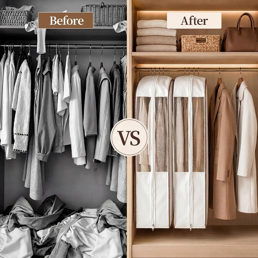 41" Cotton Garment Bags for Hanging Clothes, 2 Pack Breathable Suit Bags for Closet Storage, 10" Wide Gusseted & Clear Window, for Suits, Short Dresses, Sweaters, with Cedar Blocks