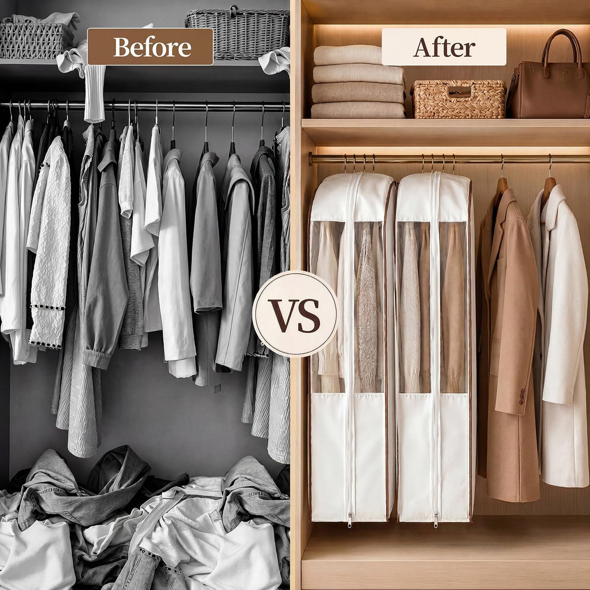 41" Cotton Garment Bags for Hanging Clothes, 2 Pack Breathable Suit Bags for Closet Storage, 10" Wide Gusseted & Clear Window, for Suits, Short Dresses, Sweaters, with Cedar Blocks