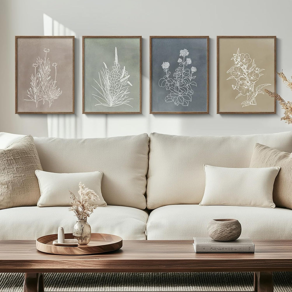 Framed Boho Neutral Botanical Wall Art for Living Room, 4 Piece 12x16 In