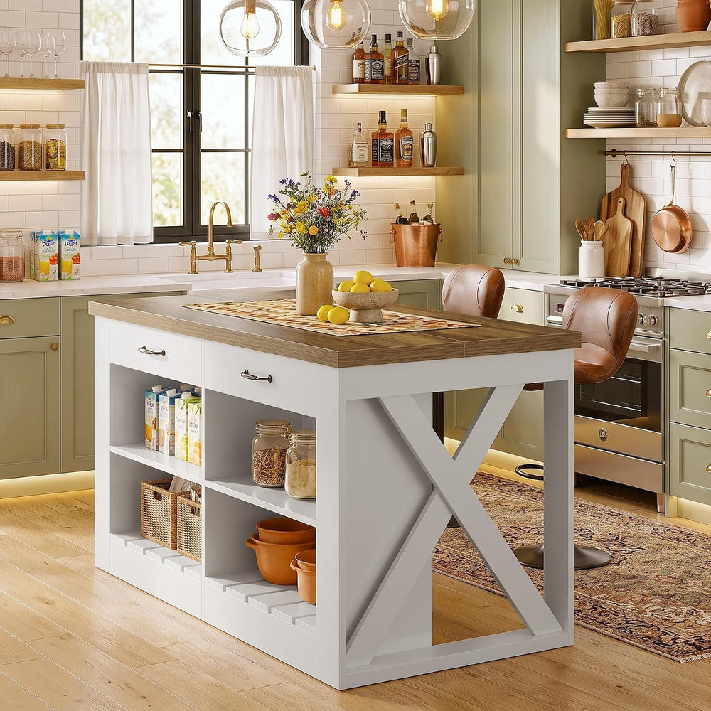 Tribesigns 55" Farmhouse Kitchen Island with 2 Storage Drawers and Shelf