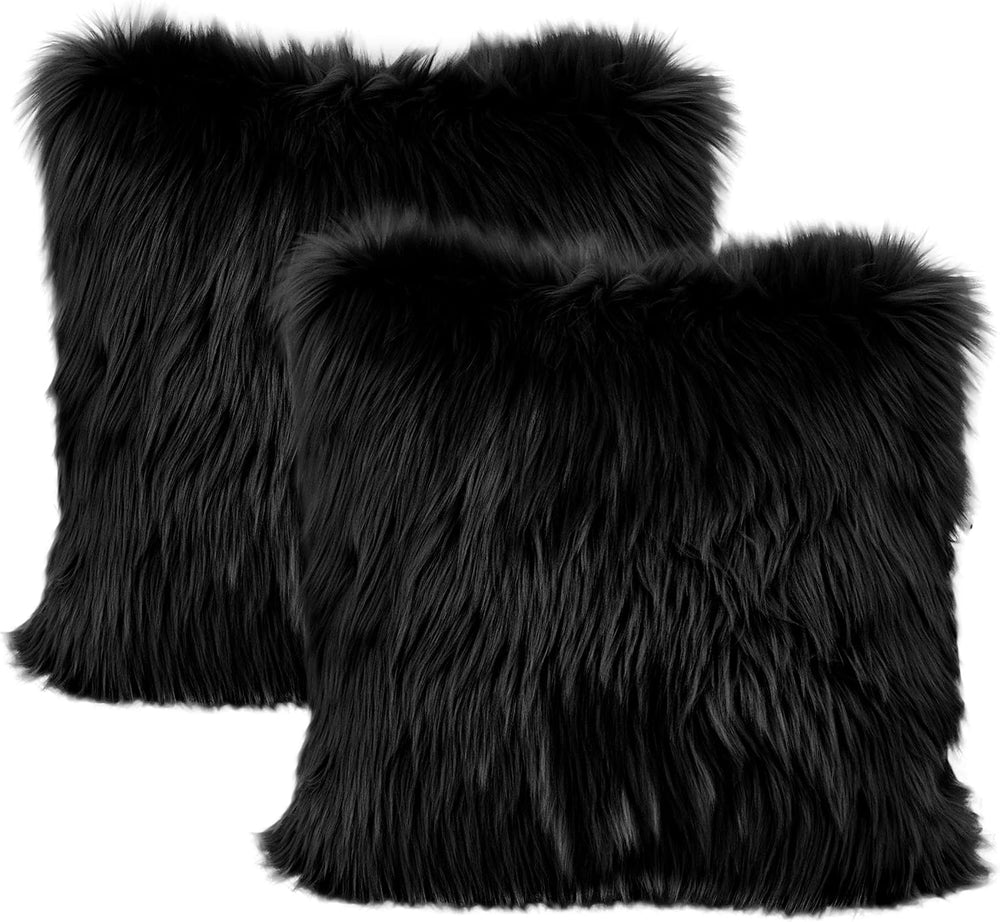 LIGICKY Set of 2 Black Fluffy Pillows Luxury Series Soft Faux Fur Throw Pillo...