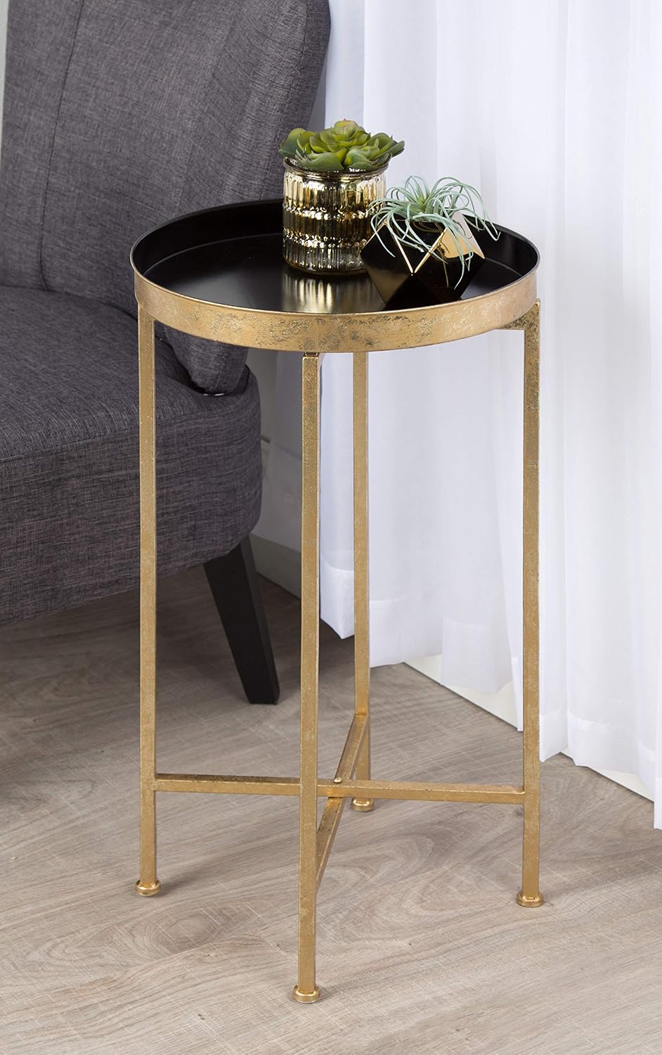 Kate and Laurel Celia Round Metal Foldable Tray Accent Table, Black with Gold...
