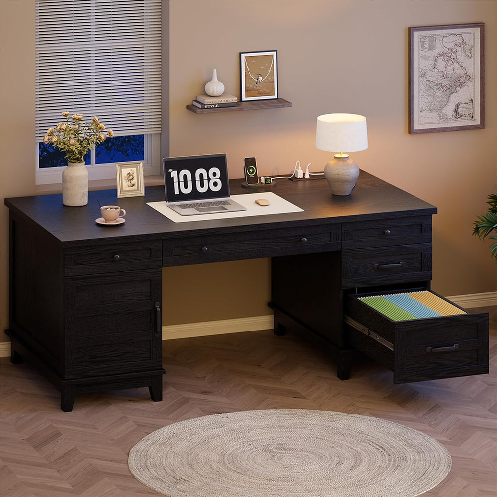 Garvee 60" Wooden Home Office Desk with File Drawers, Executive Desk wit...