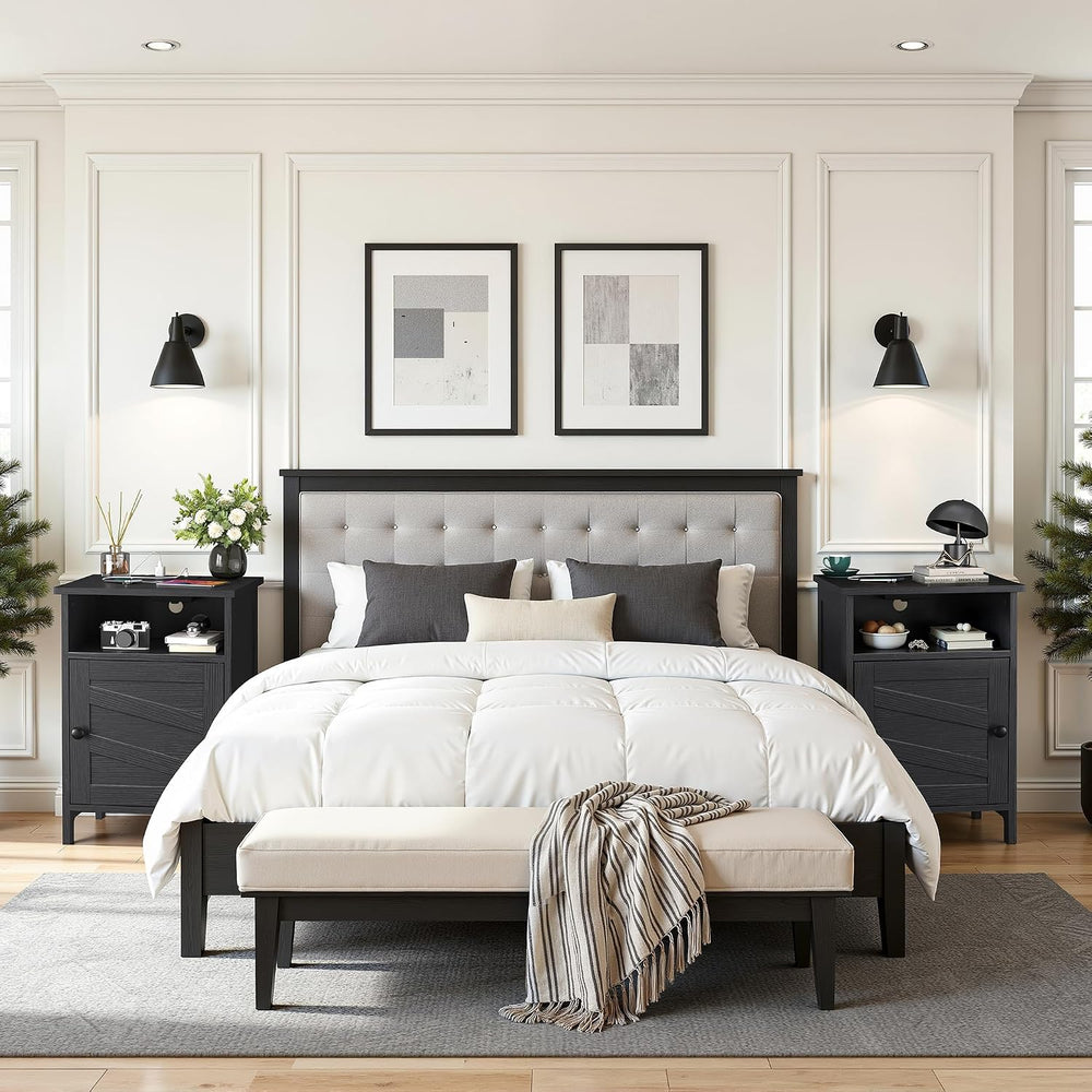 Night Stand with Charging Station, Farmhouse Nightstand with Open Shelf, Beds...