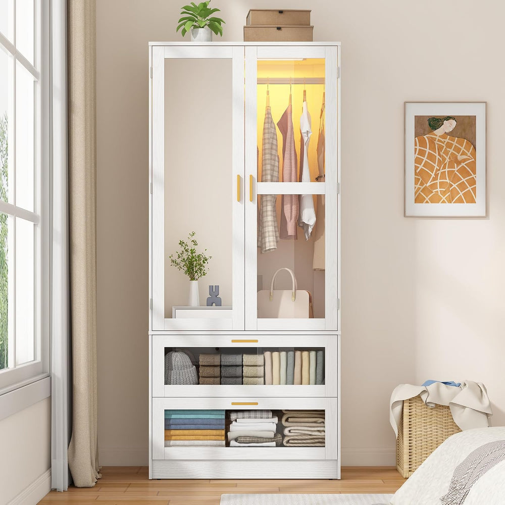 2 Doors Armoire Wardrobe Closet with LED and Mirror,71" H Freestanding W...