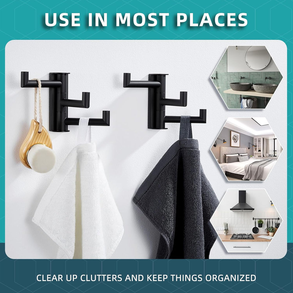 Angle Simple Swivel Towel Hooks for Bathrooms, 2 Pack Wall Hook Matte Black