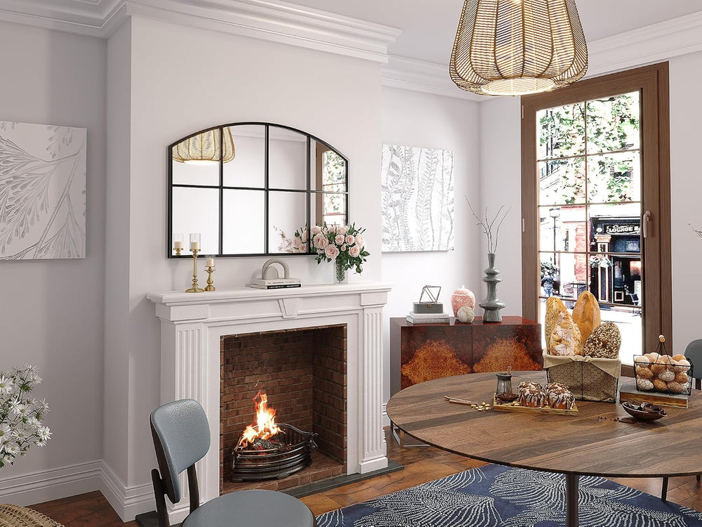 Black Arched Window Pane Mirror, 42" x 28" Grid Wall Mirror