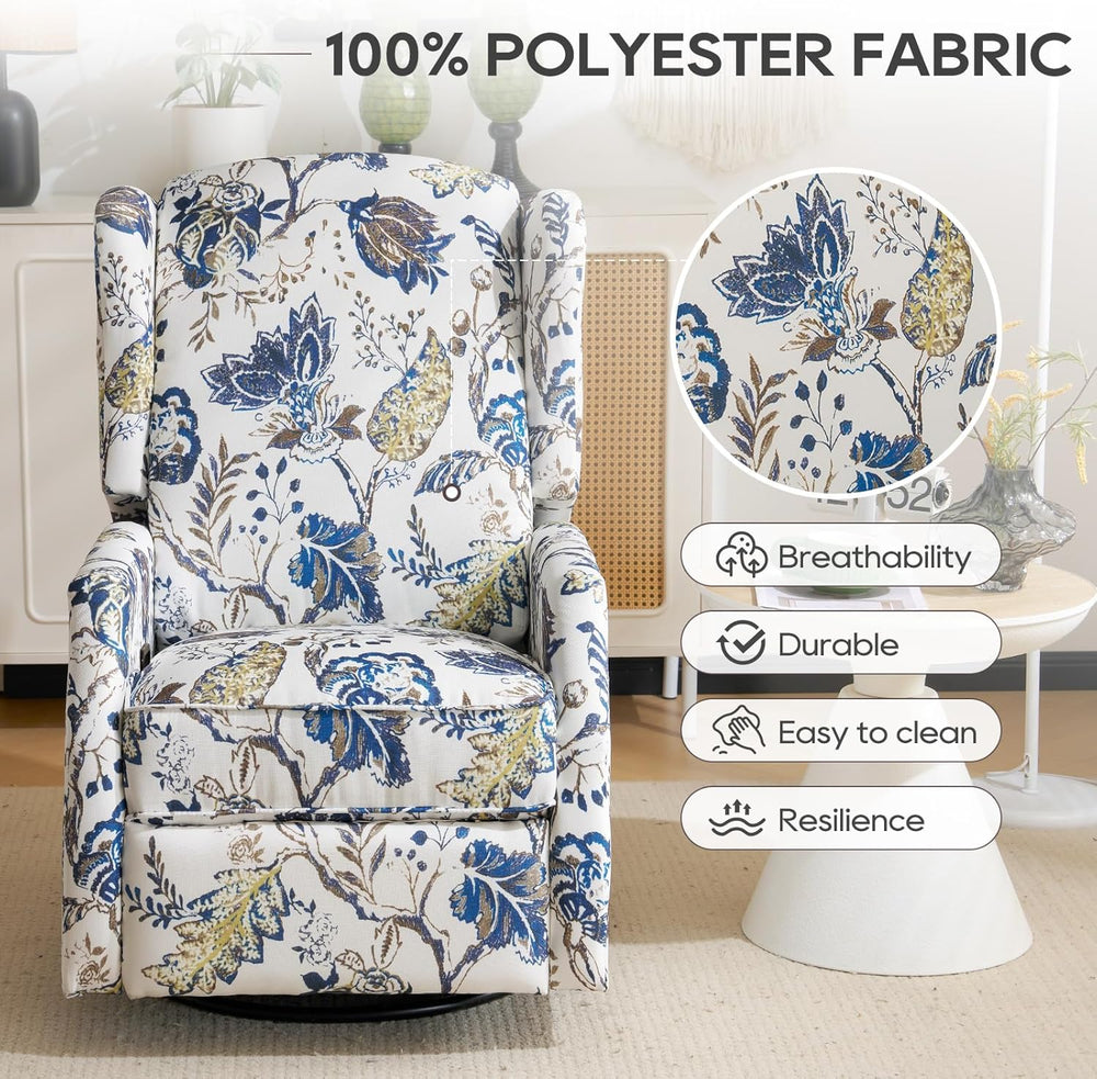 Floral Accent Swivel Rocker Recliner, Wingback Recliner Chair with Padded Sea...