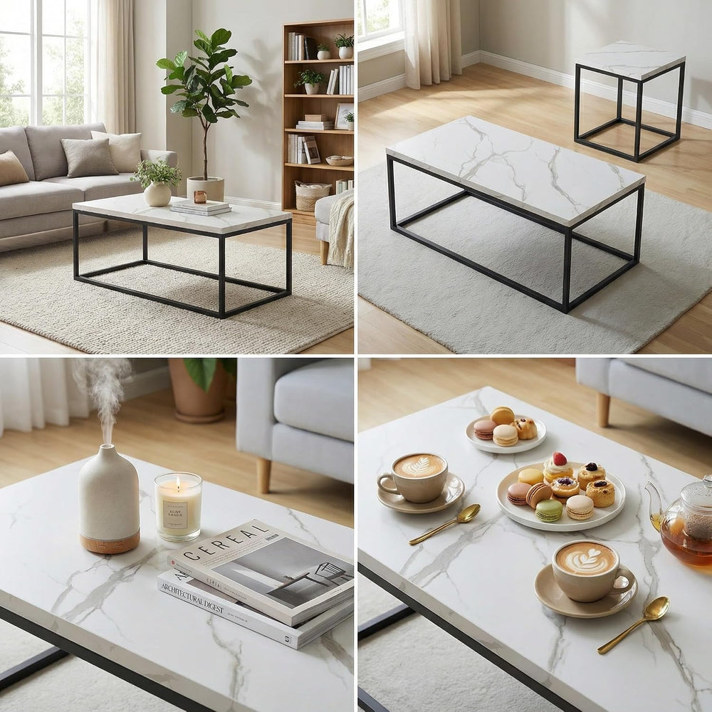 CENSI 40" White Marble Coffee Table/Center Table, Medium Size