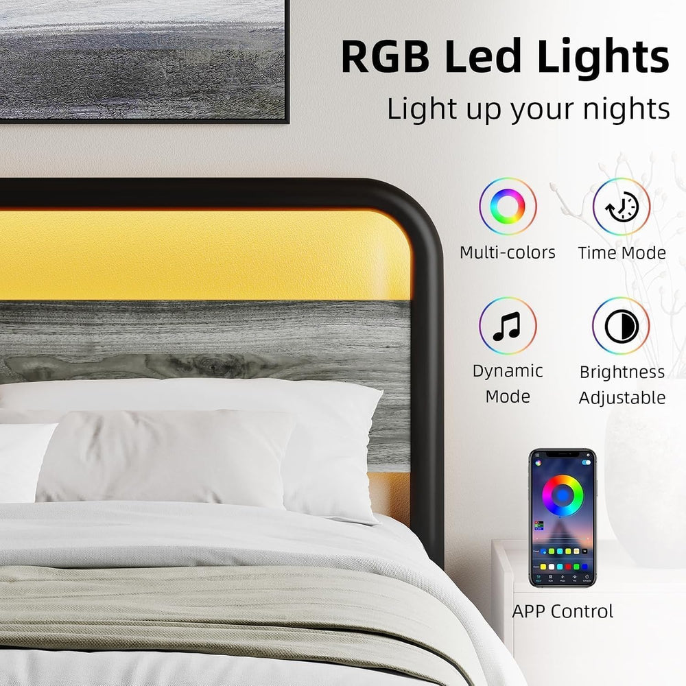 Catrimown Twin Size Bed Frame with Headboard and LED Lights, Grey