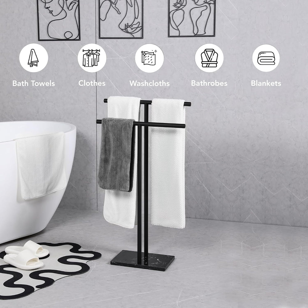 Free Standing Towel Rack - Matte Black Finish with Marble Base