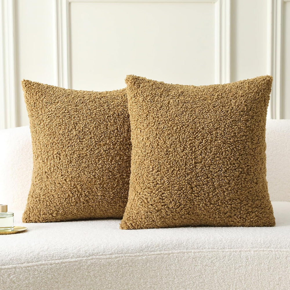 FUTEI Pack of 2 Faux Fur Teddy Boucle Pillow Covers 20x20 Inch, Khaki