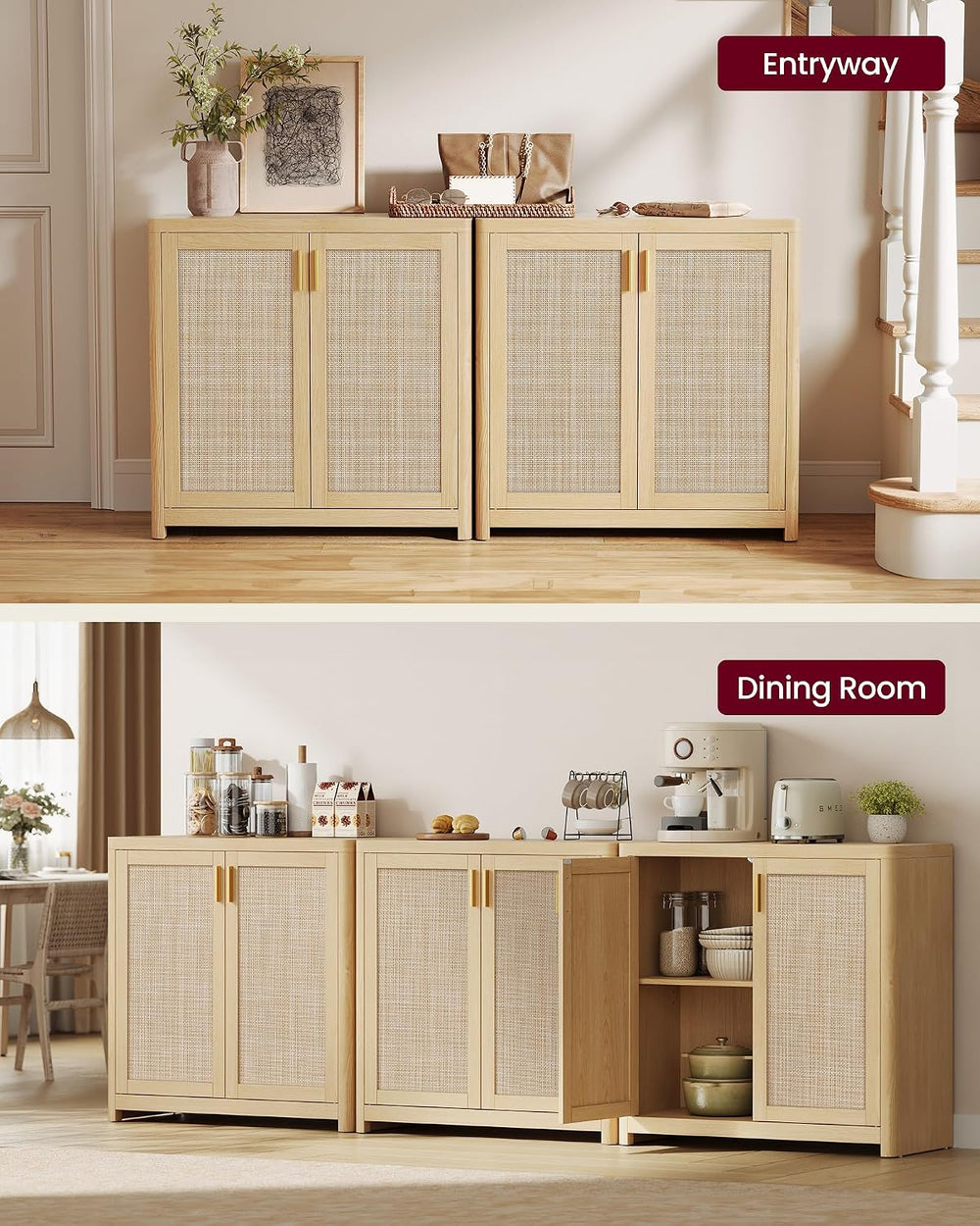 VASAGLE Boho Buffet Cabinets, Set of 2, with Rattan-Look Doors