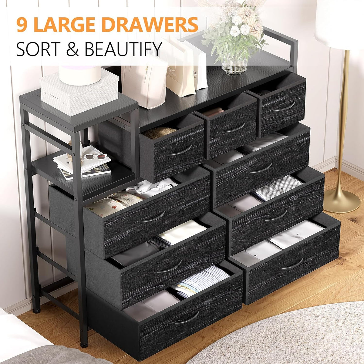 Jojoka TV Stand with Charging Station, Bedroom Dresser for Living Room TV Stand with 9 Drawers,（Black Willow）