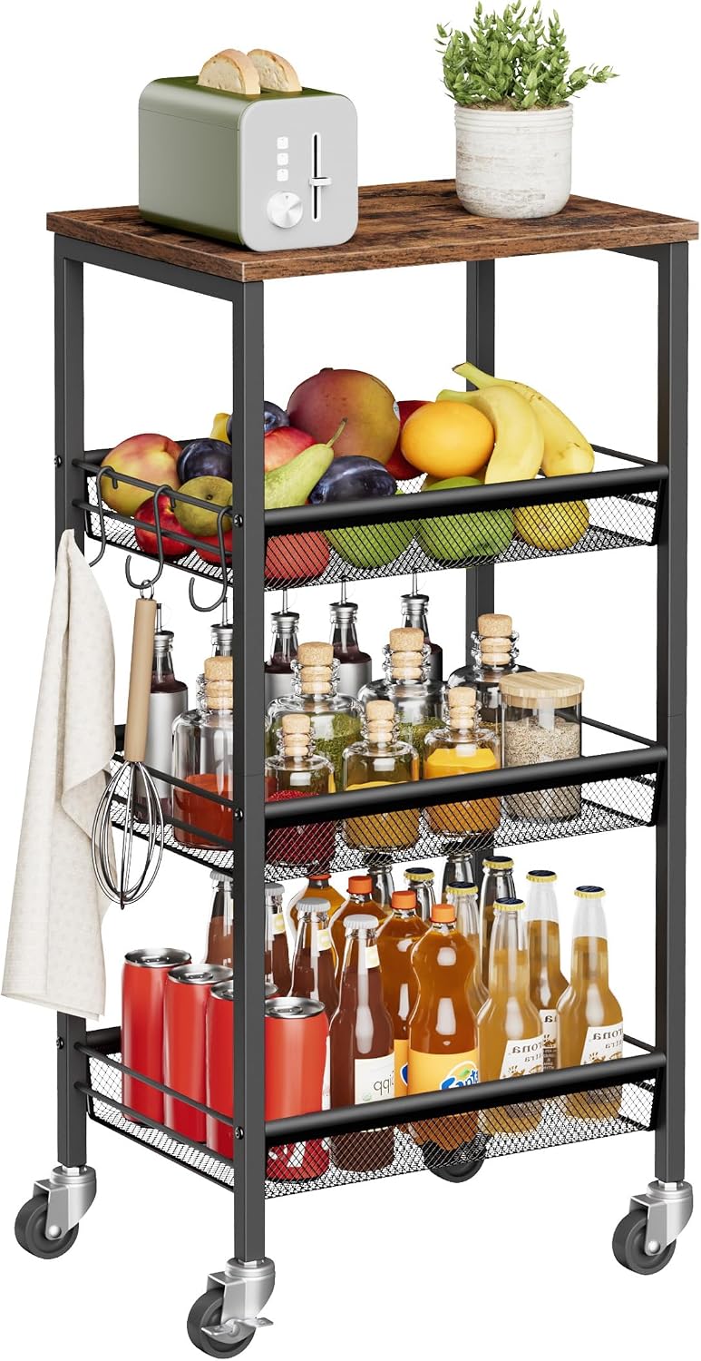 Homleke 4-Tier Rolling Kitchen Storage Cart, Fruit Vegetable Basket