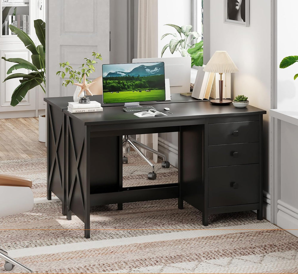JSB 47.2 Inch Black Computer Desk with 3 Drawers for Home Office Bedroom