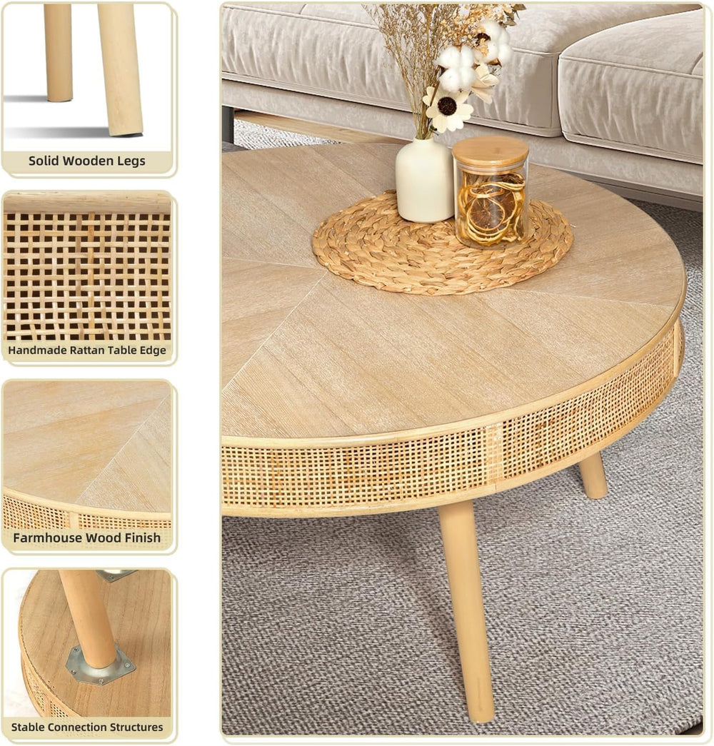 RUSTOWN 2-Piece Farmhouse Coffee Table, Modern Round Rattan Side Tables