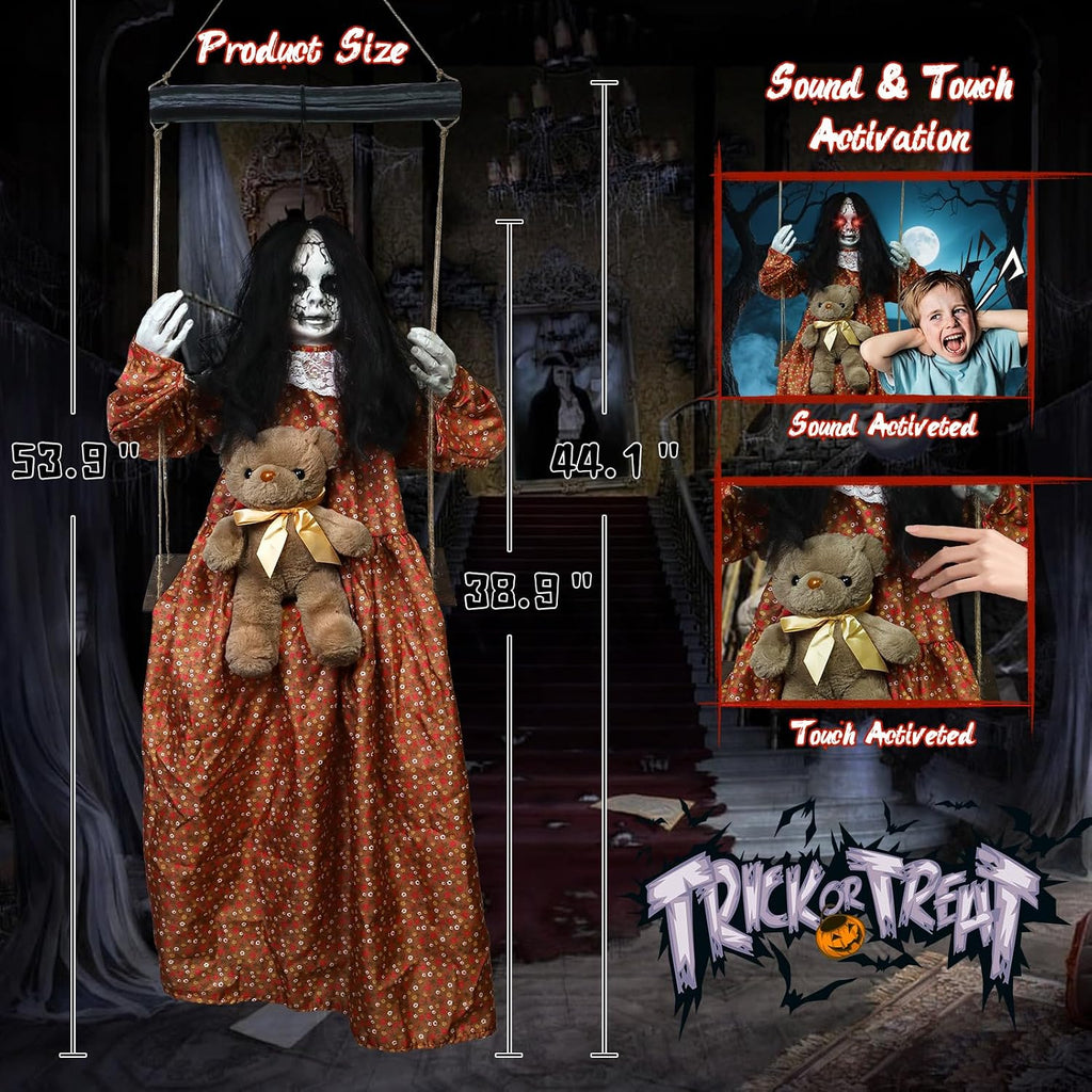Scary Halloween Decorations Outdoor, Halloween Hanging Swinging Girl Ghots Decor with Creepy Sound and Light Up Eyes Sound, Creepy Props for Yard Trees Graveyard Haunted House Indoor Outside