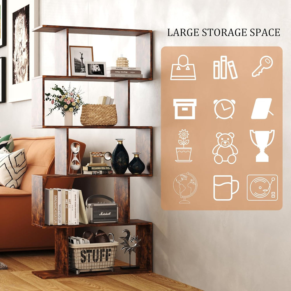 Yusong Bookshelf 5-Tier, Geometric Bookcase S Shaped Book Shelves for Bedroom...