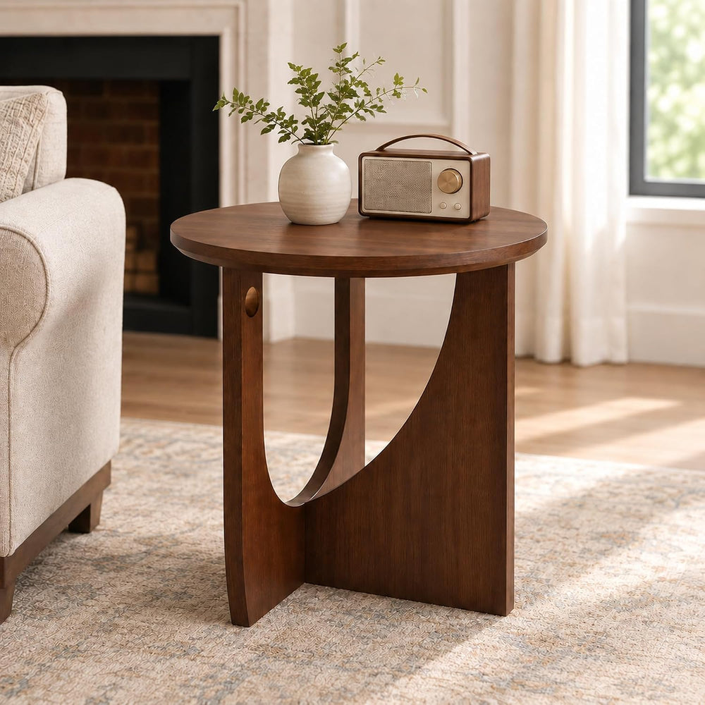 Round Side Table, 19.7" Solid Wood End Table, Mid Century Modern, Walnut