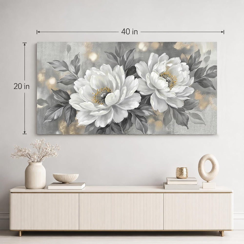 Anolyfi White Peony Neutral Floral Canvas Wall Art for Bedroom 40"x20"