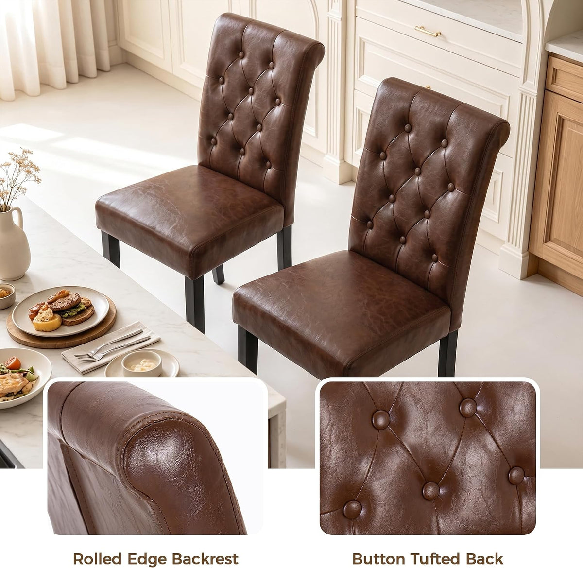 LSSPAID Dining Chairs Set of 2, Modern Armless Parsons Side Chairs, Upholstered Button-Tufted PU Leather Dining Kitchen Chairs with Solid Wood Legs, Brown