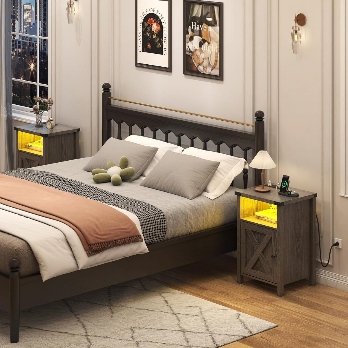 Hlivelood Farmhouse LED Nightstand Set of 2 with Charging Station, Rustic End Table with Barn Door & Storage Shelf, Bedside Table for Bedroom, Living Room, Grey